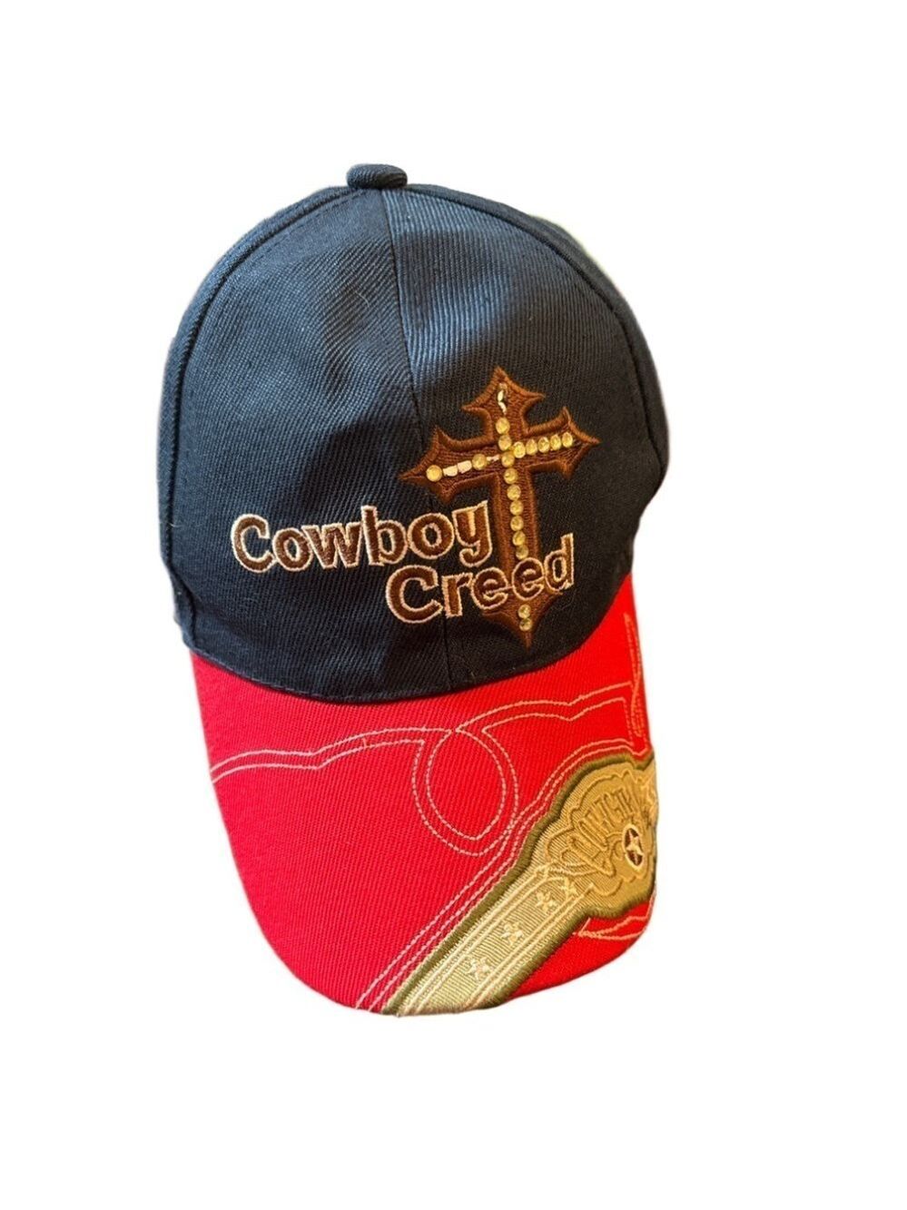 Women's Fighting Elephants Cowboy Creed Embroidered Baseball Cap. Navy/Red